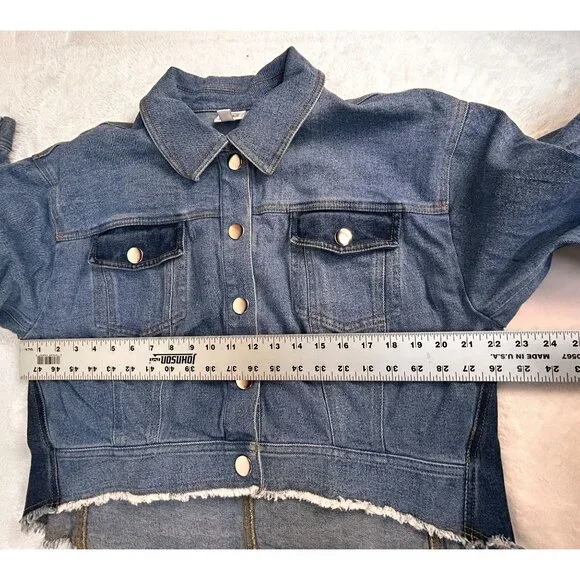 Ade Samuel For I.N.C. Womens Cropped Denim Jacket XL Blue Fringe Raw Hem Pockets - Picture 7 of 10